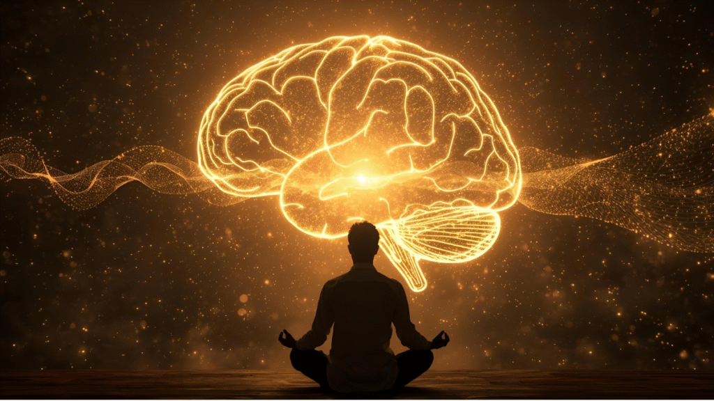 ๐ How Custom Affirmations Work Scientifically to Manifest Desires and Goals | Quantum Science Explained Golden glowing brain energy waves connecting with meditating person โ symbolizing how custom affirmations work scientifically to reprogram the subconscious mind using quantum science.