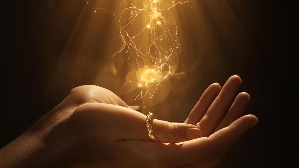 ๐ The Art & Soul of Customized Mystic Jewelry Hand radiating golden energy light symbolizing divine connection, intention, and the spiritual essence of customized mystic jewelry