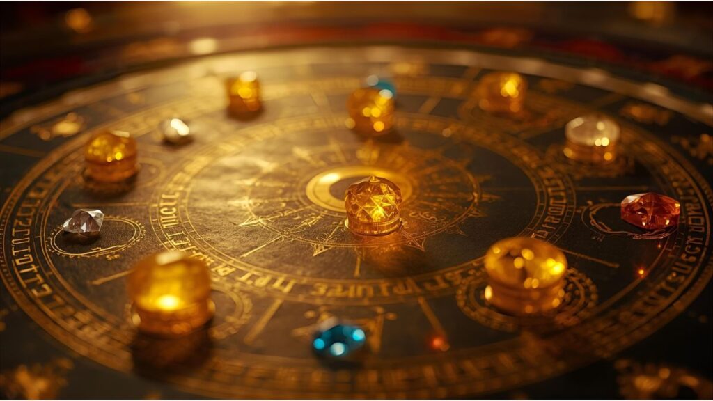 Golden astrological chart with glowing gemstones symbolizing cosmic energy alignment and vibration frequencies.
