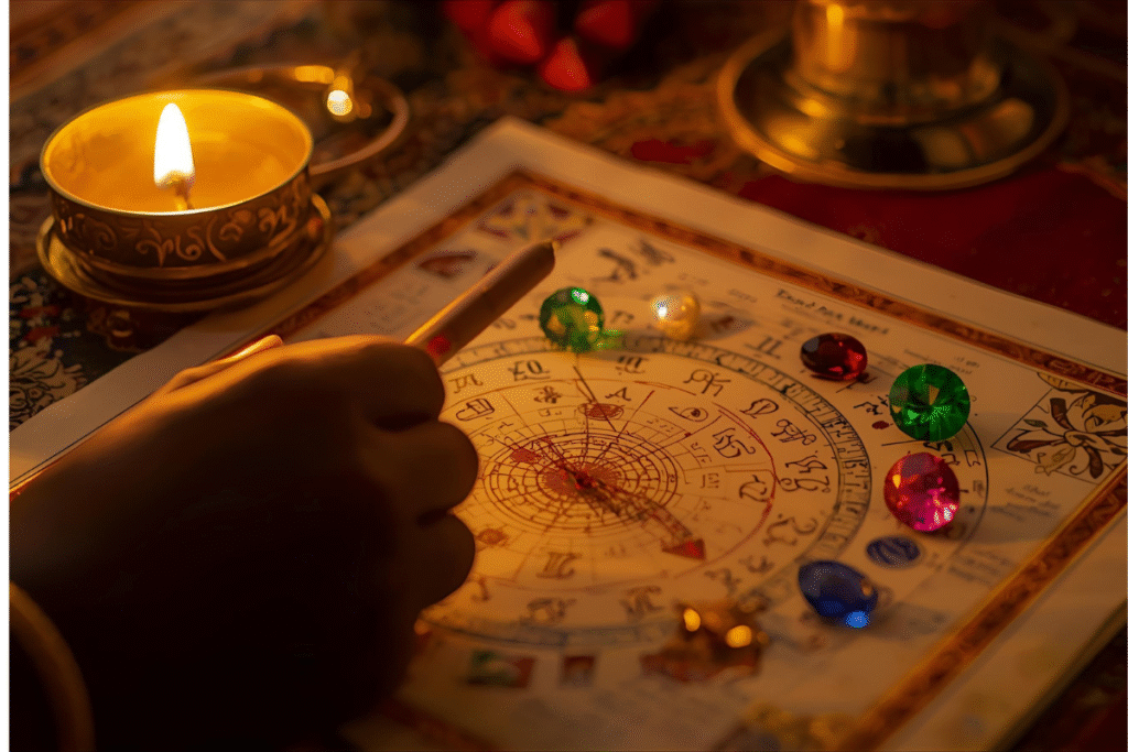 ๐ The Art & Soul of Customized Mystic Jewelry Astrological birth chart with colorful gemstones and candlelight symbolizing personalized gemstone prediction and planetary energy balance.